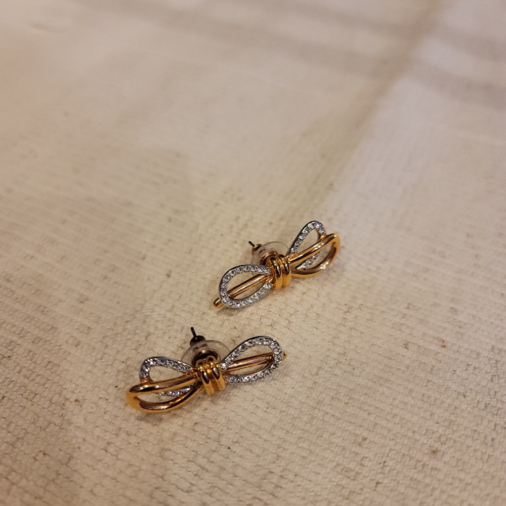 Swarovski crystal two tone gold plated bow earrings pierced ears earrings